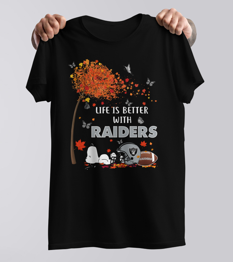 Life Is Better With Raiders Autumn Leaves And Snoopy Under Tree With Butterfly And Football Helmet T-Shirt