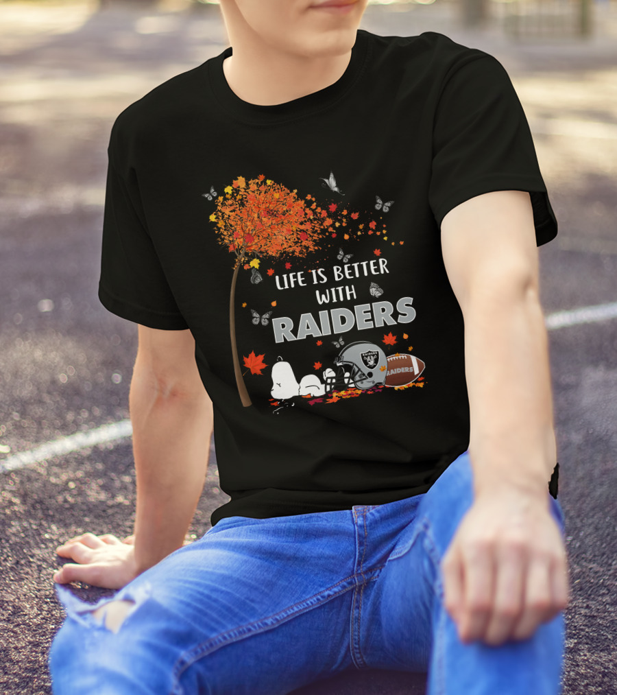 Life Is Better With Raiders Autumn Leaves And Snoopy Under Tree With Butterfly And Football Helmet T-Shirt