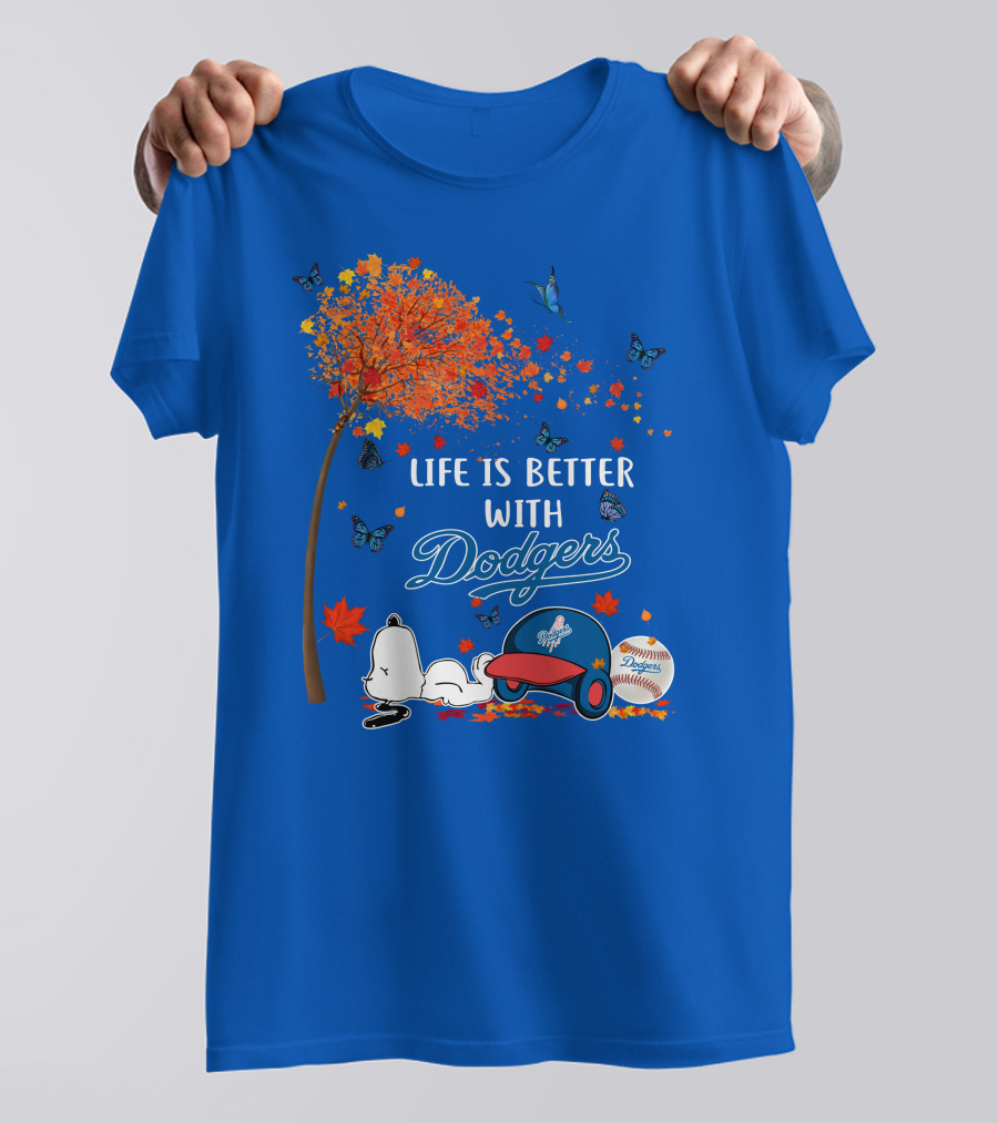 Life Is Better With Dodgers Autumn Leaves Snoopy Baseball Cap And Ball T-Shirt