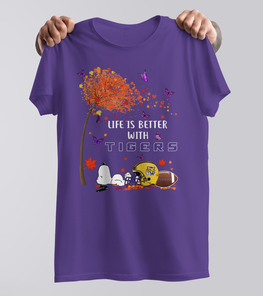 Life Is Better With Tigers Football Leaves Butterflies Helmet T-Shirt