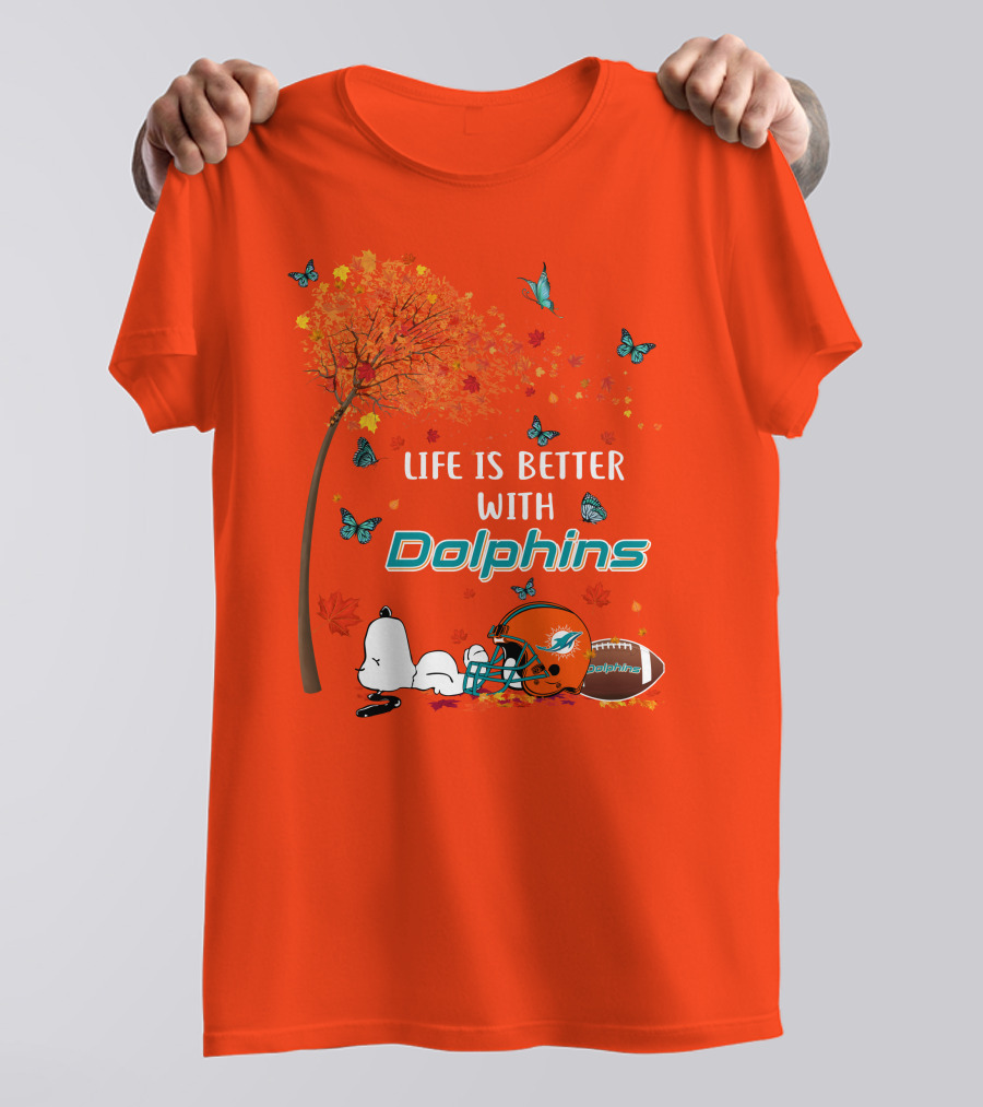 Life Is Better With Dolphins Miami Football Autumn Tree Snoopy Butterflies T-Shirt