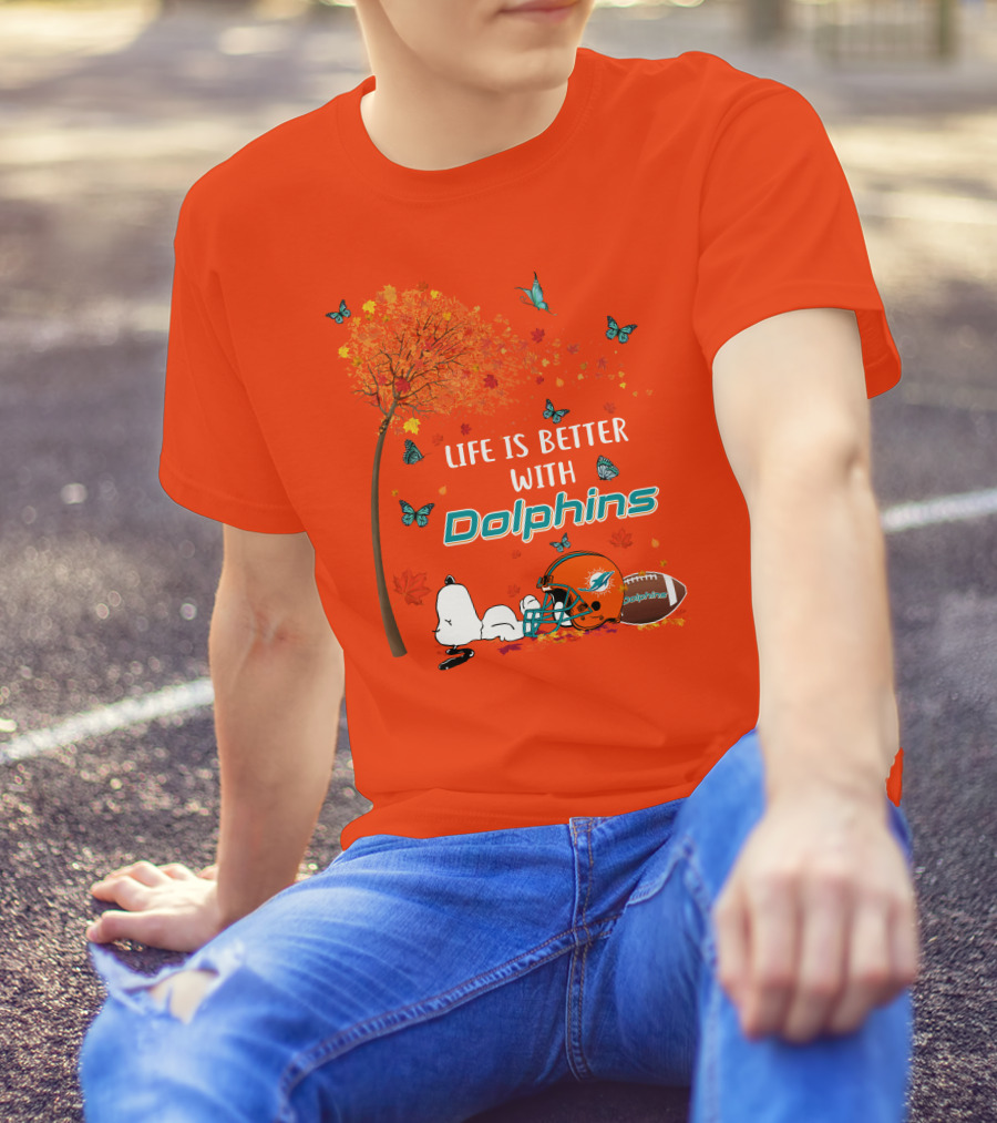 Life Is Better With Dolphins Miami Football Autumn Tree Snoopy Butterflies T-Shirt