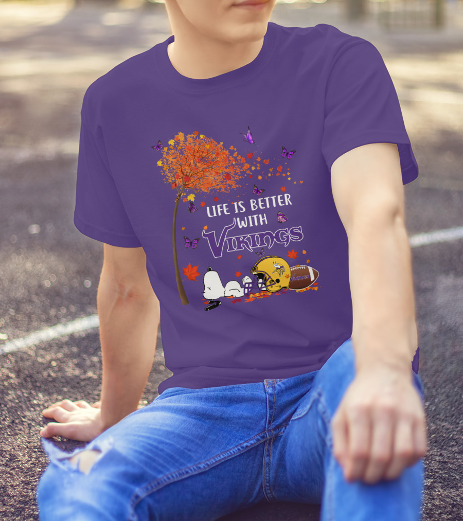 Life Is Better With Vikings Football And Autumn Leaves T-Shirt
