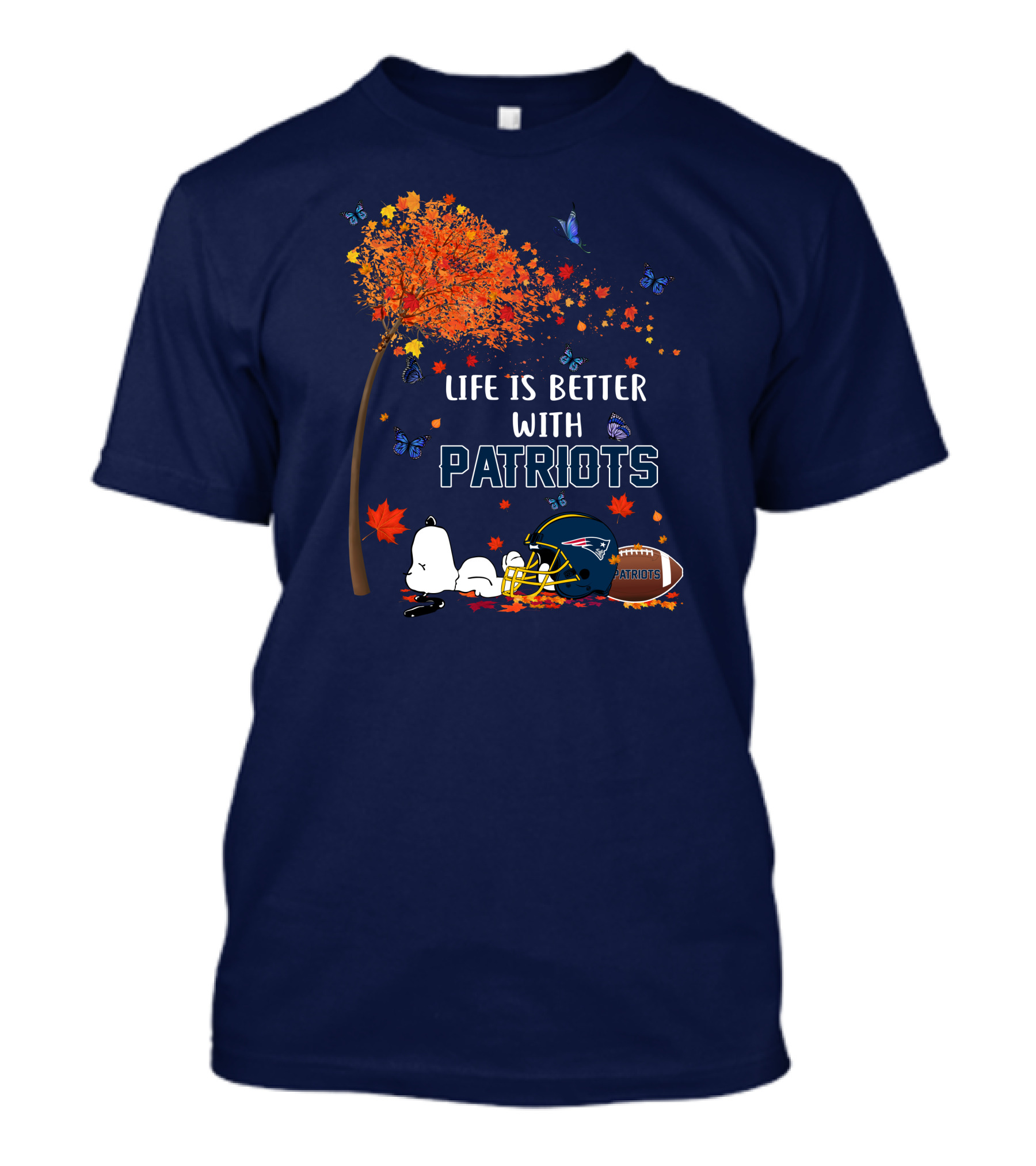 Life Is Better With Patriots New England Football Autumn Tree Butterfly T-Shirt