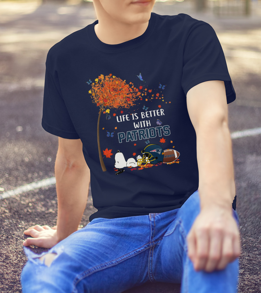 Life Is Better With Patriots New England Football Autumn Tree Butterfly T-Shirt