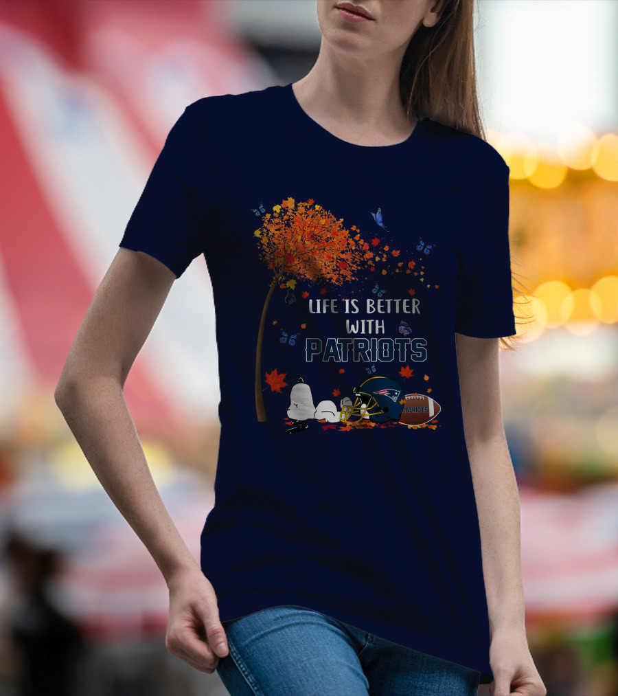 Life Is Better With Patriots New England Football Autumn Tree Butterfly T-Shirt