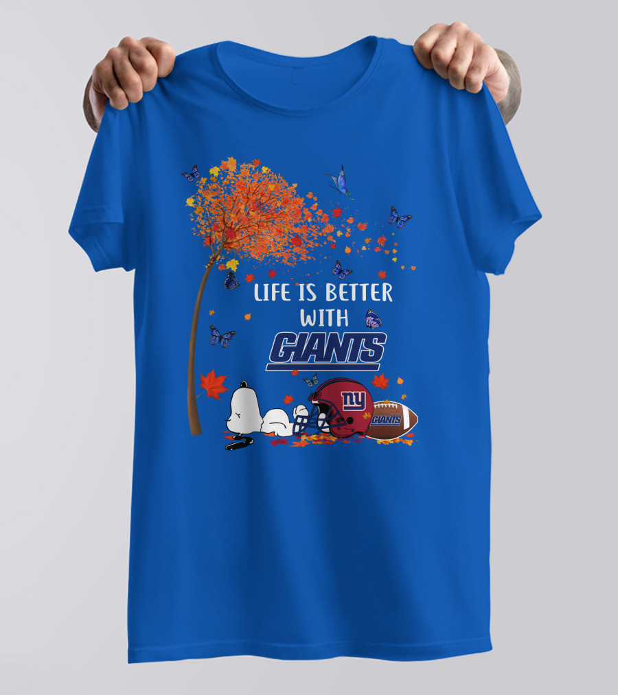 Life Is Better With Giants New York Giants Football Autumn Leaves Snoopy Butterflies T-Shirt