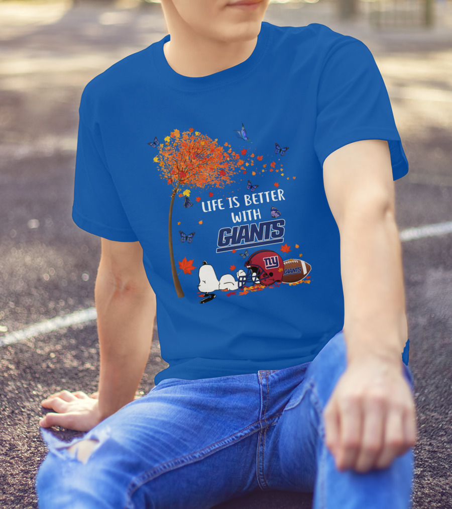 Life Is Better With Giants New York Giants Football Autumn Leaves Snoopy Butterflies T-Shirt