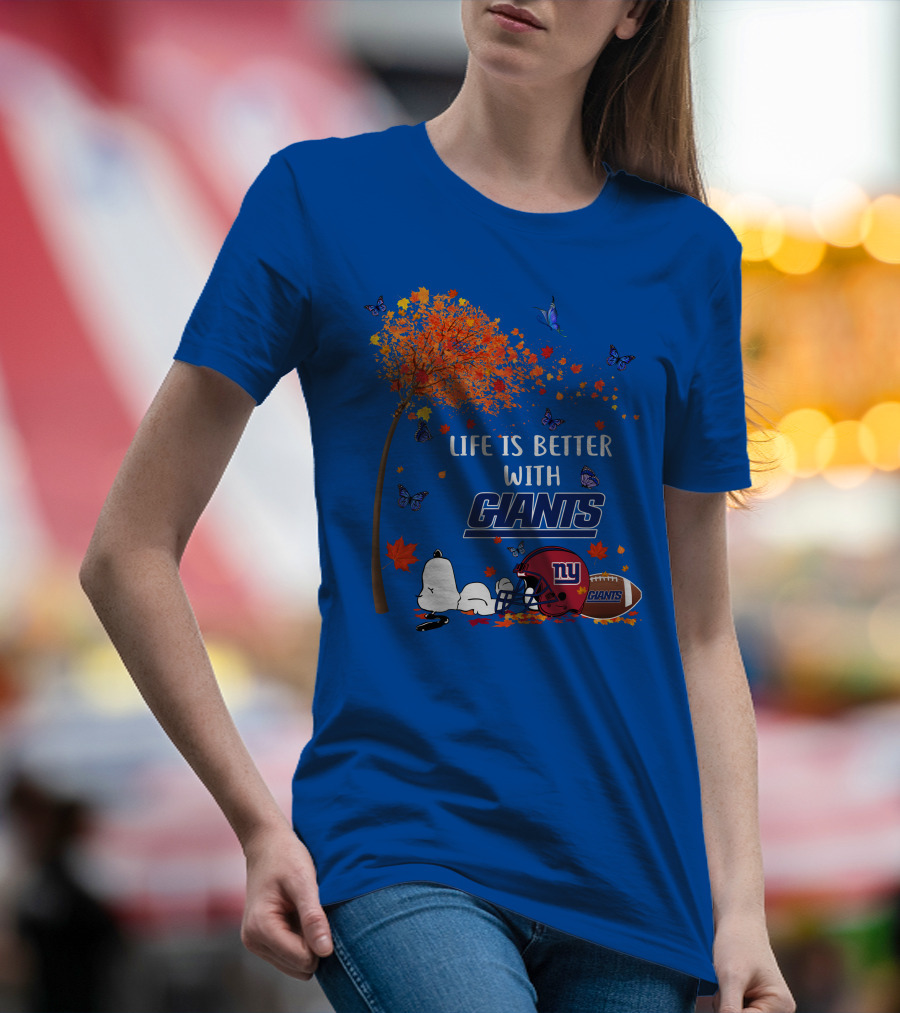 Life Is Better With Giants New York Giants Football Autumn Leaves Snoopy Butterflies T-Shirt