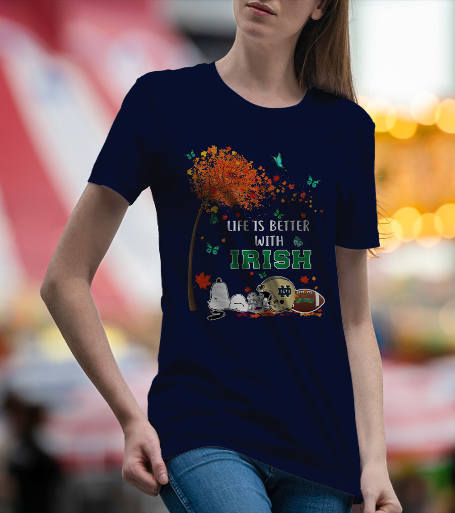 Life Is Better With Irish Autumn Leaves Football Helmet Snoopy Notre Dame T-Shirt