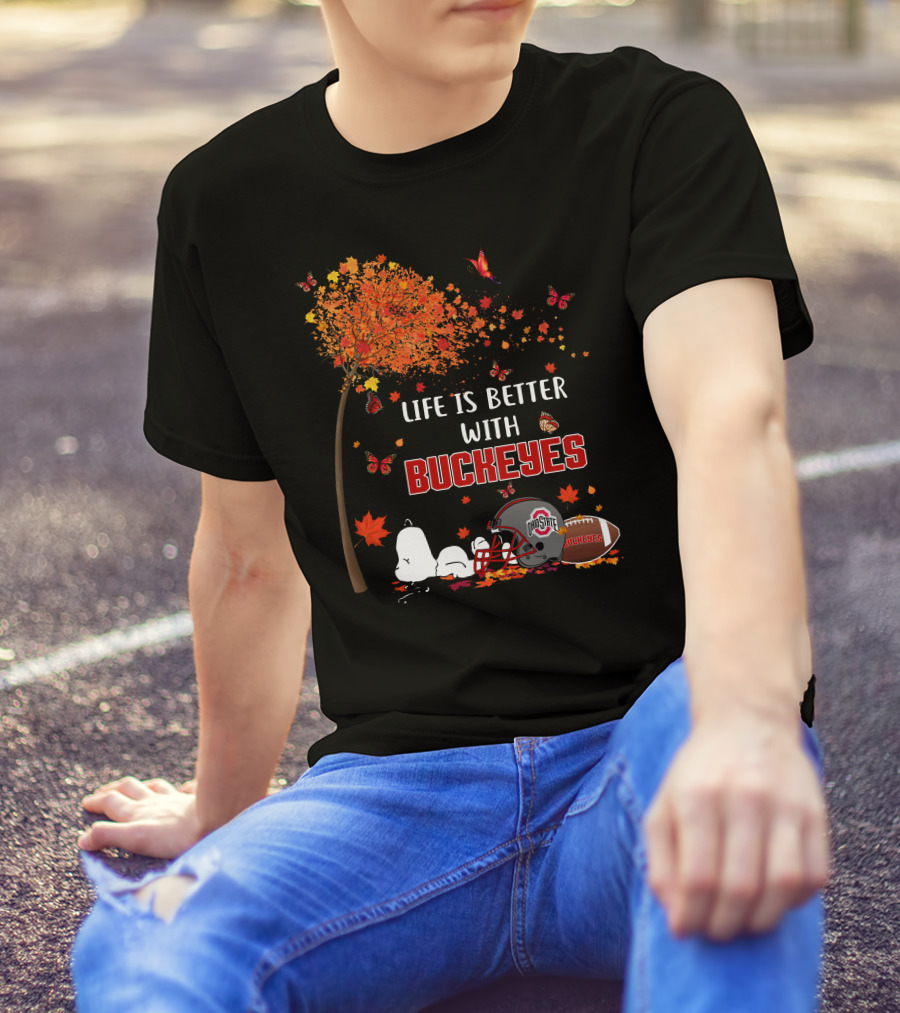 Life Is Better With Buckeyes Ohio State Football Autumn Leaves Butterflies T-Shirt