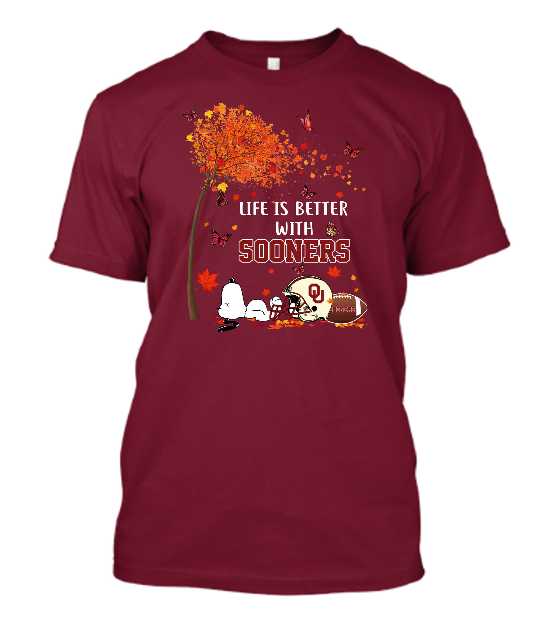 Life Is Better With Sooners Football Autumn Leaves And Butterflies T-Shirt