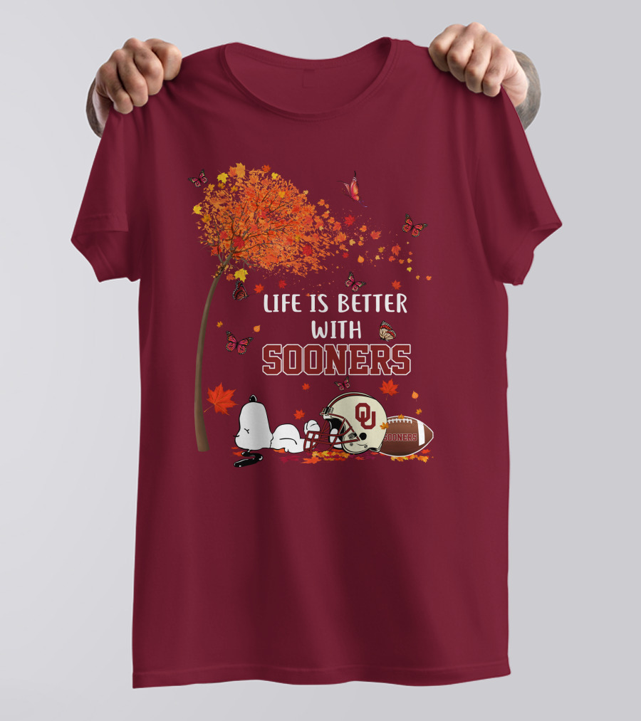 Life Is Better With Sooners Football Autumn Leaves And Butterflies T-Shirt