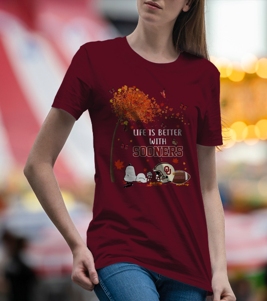 Life Is Better With Sooners Football Autumn Leaves And Butterflies T-Shirt