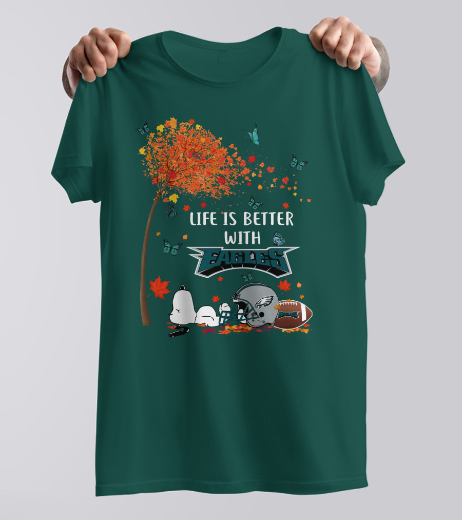 Life Is Better With Eagles Football Autumn Leaves And Butterflies T-Shirt