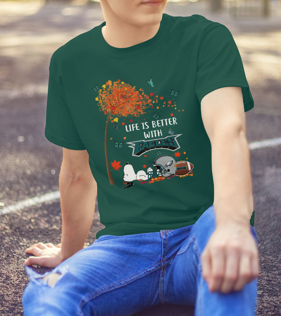 Life Is Better With Eagles Football Autumn Leaves And Butterflies T-Shirt
