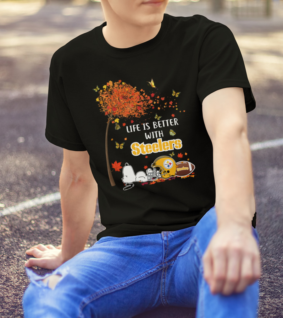 Life Is Better With Steelers Autumn Snoopy Football Helmet T-Shirt