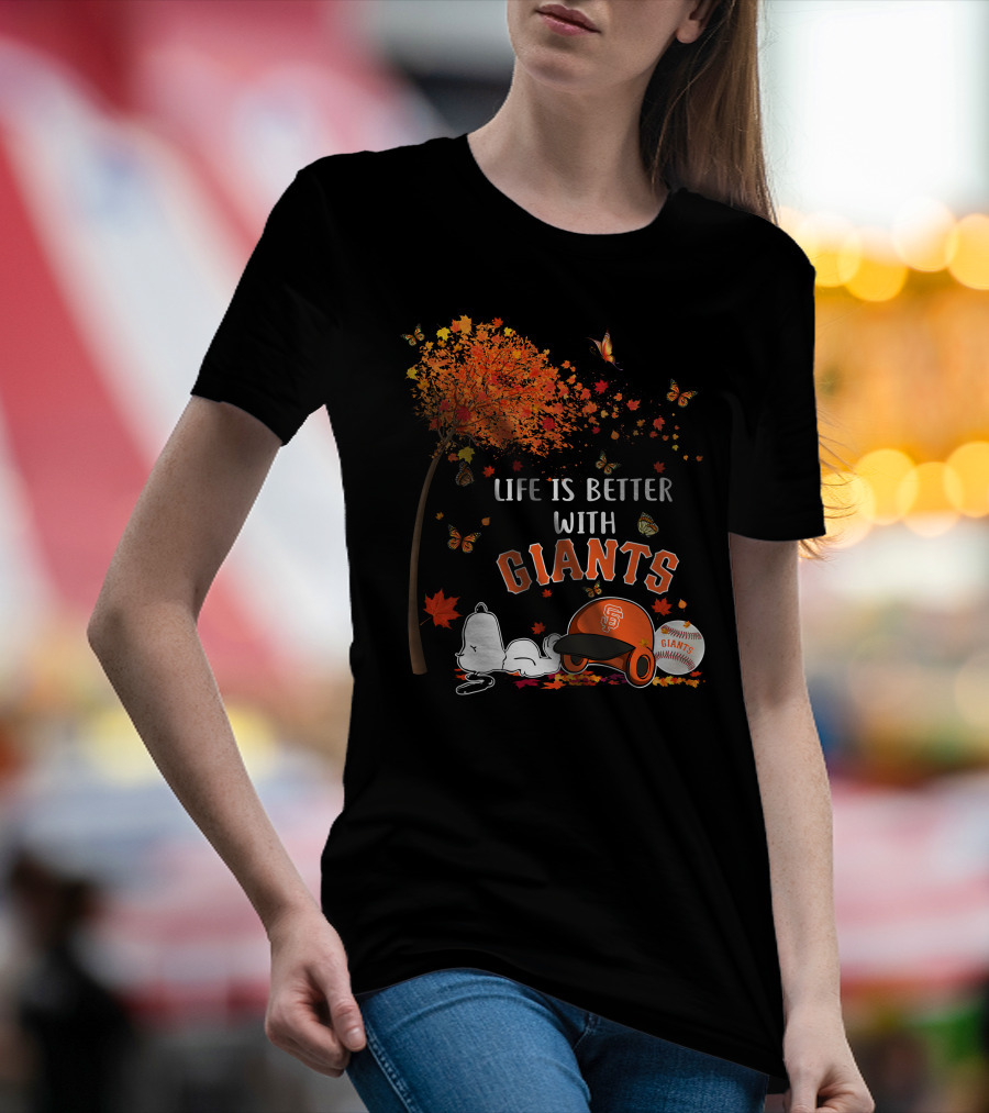 Life Is Better With Giants Snoopy Fall Leaves Baseball Cap T-Shirt