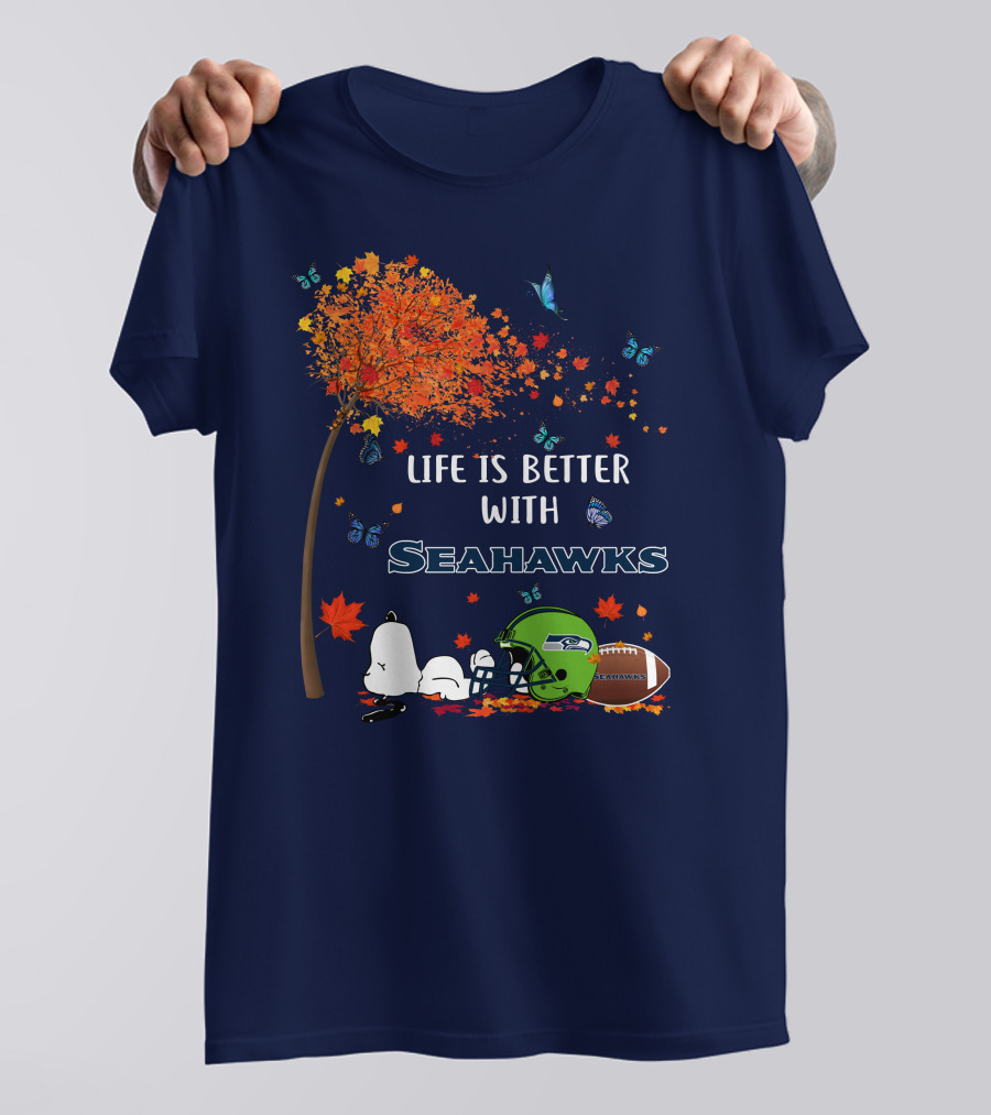 Life Is Better With Seattle Seahawks Autumn Leaves Football Helmet Snoopy And Woodstock T-Shirt