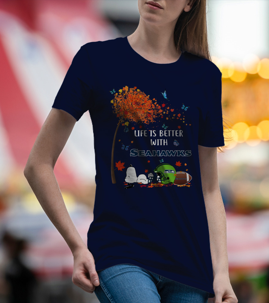 Life Is Better With Seattle Seahawks Autumn Leaves Football Helmet Snoopy And Woodstock T-Shirt