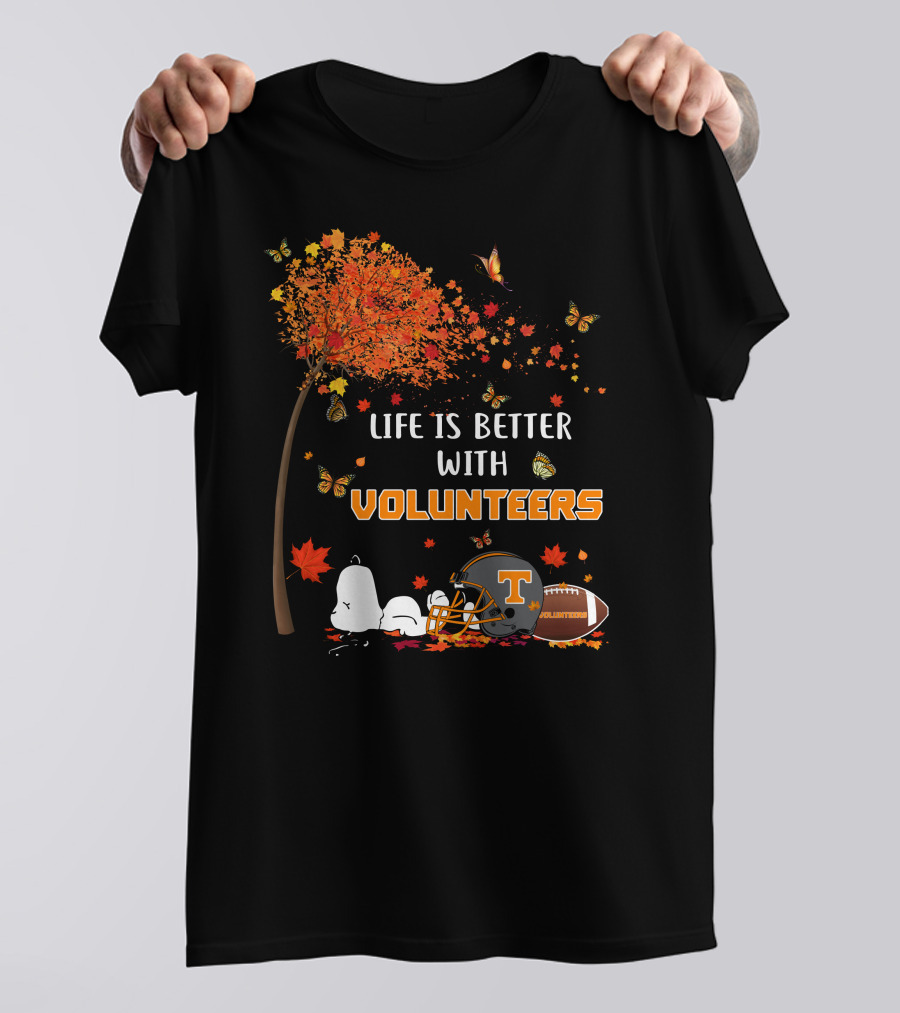 Life Is Better With Volunteers Tennessee Football Autumn Leaves And Butterflies T-Shirt