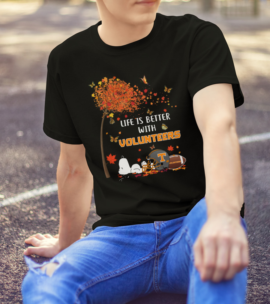 Life Is Better With Volunteers Tennessee Football Autumn Leaves And Butterflies T-Shirt