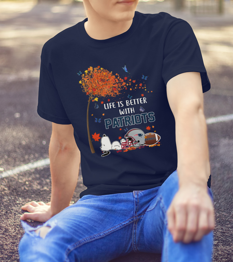 Life Is Better With Patriots New England Football Autumn Leaves And Snoopy T-Shirt