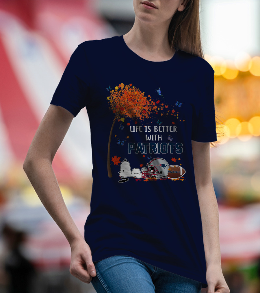 Life Is Better With Patriots New England Football Autumn Leaves And Snoopy T-Shirt