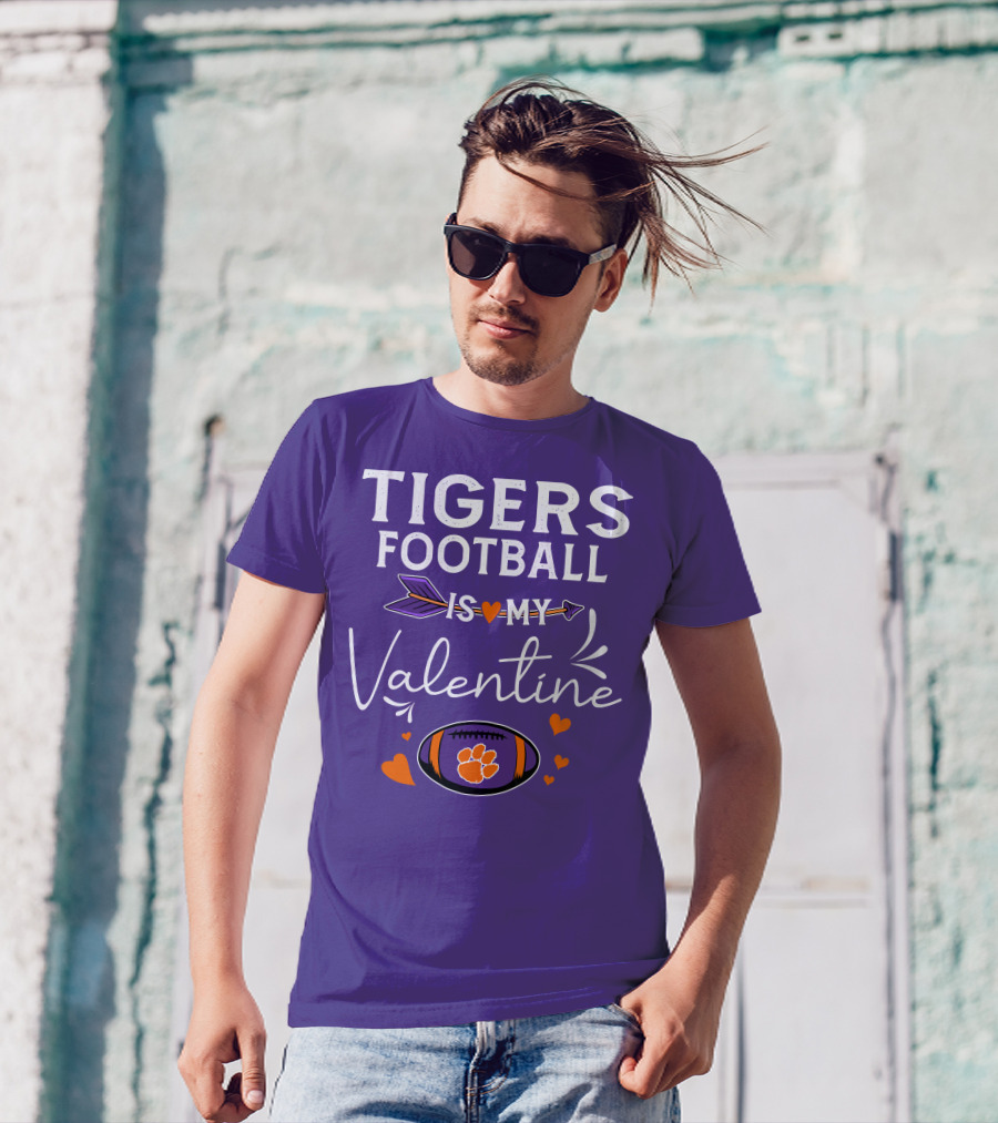 Tigers Football Is My Valentine With Paw Print And Hearts T-Shirt