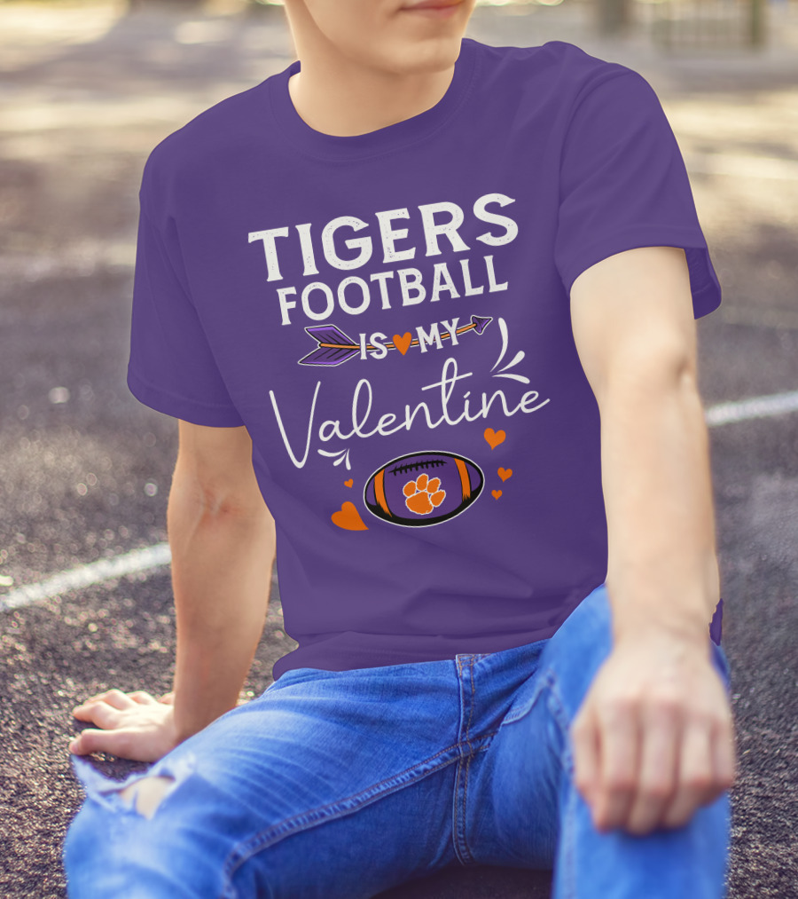 Tigers Football Is My Valentine With Paw Print And Hearts T-Shirt