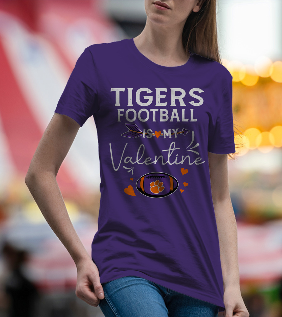 Tigers Football Is My Valentine With Paw Print And Hearts T-Shirt