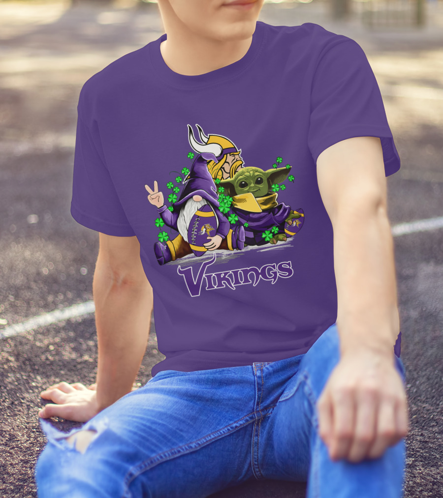 Leprechauns Gnomes Baby Yoda Hug Vikings Football Team T-Shirt