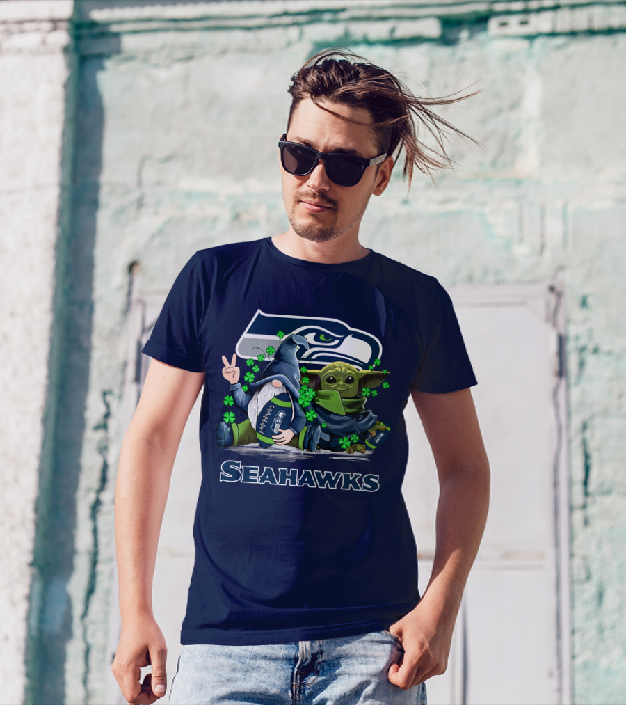 Leprechauns Gnomes Baby Yoda Seattle Seahawks Hug Football T-Shirt