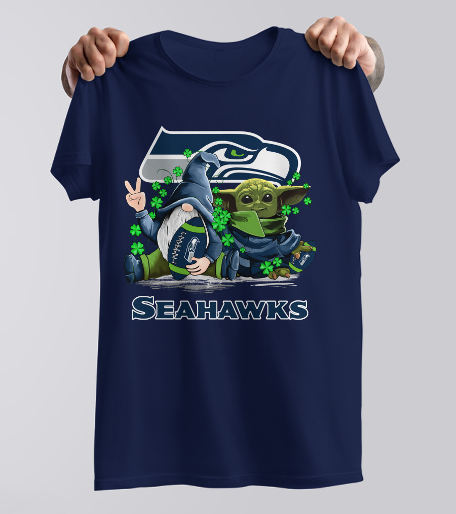 Leprechauns Gnomes Baby Yoda Seattle Seahawks Hug Football T-Shirt