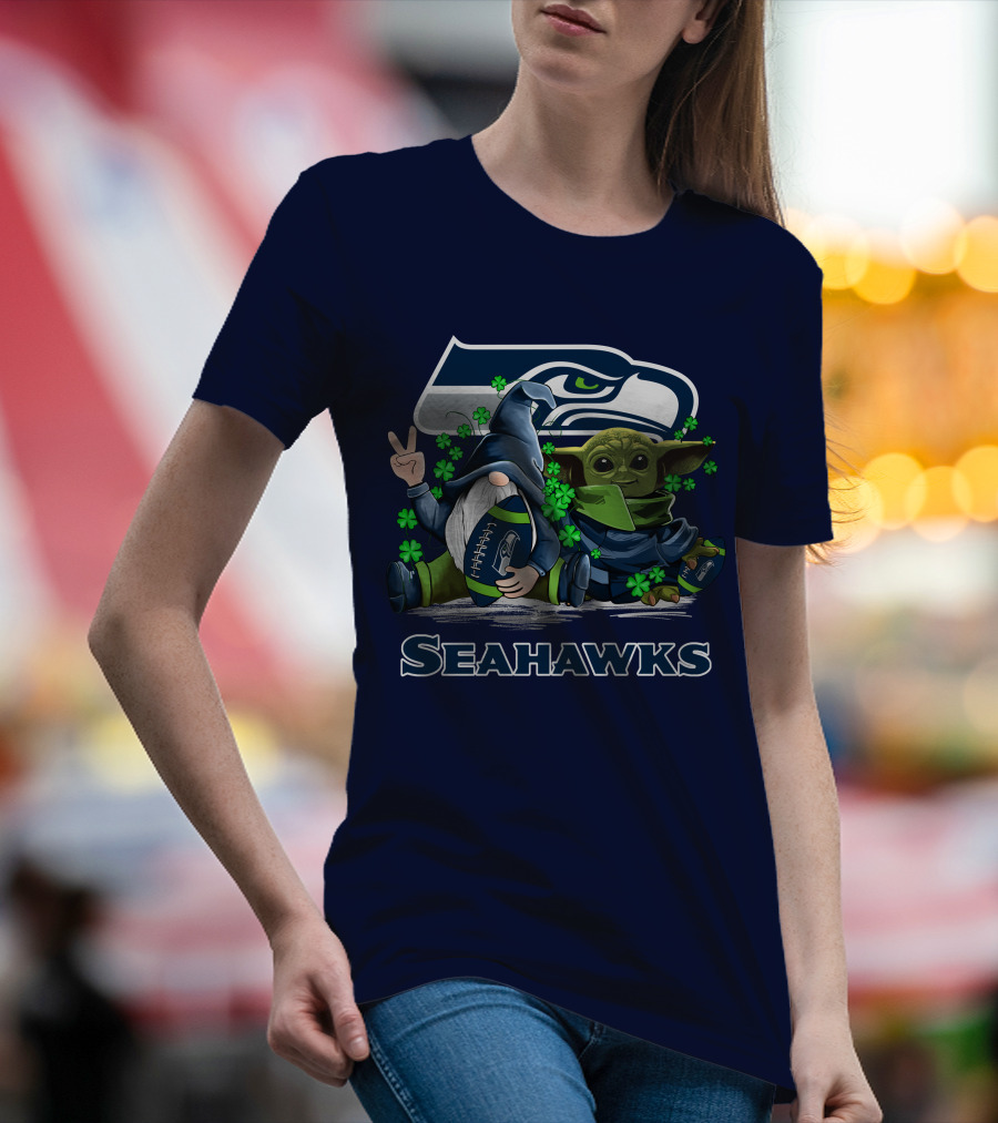 Leprechauns Gnomes Baby Yoda Seattle Seahawks Hug Football T-Shirt