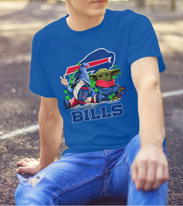 Leprechauns Gnomes Baby Yoda Hug Buffalo Bills Football Team Logo Shamrocks T-Shirt
