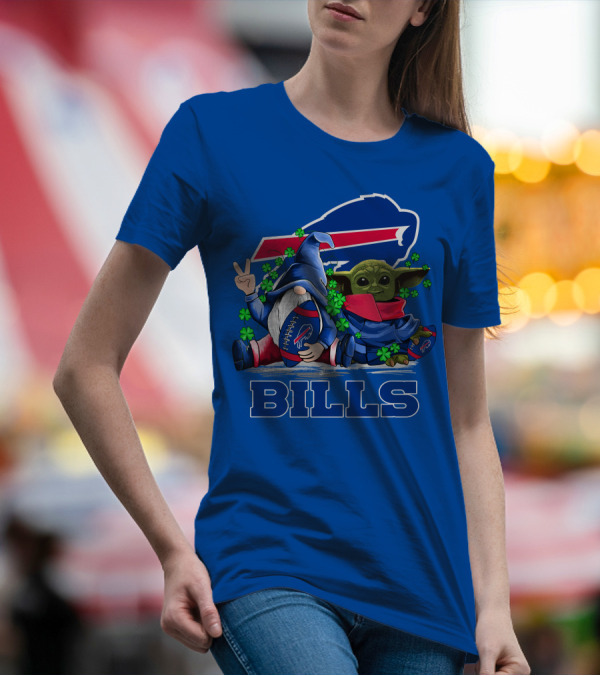 Leprechauns Gnomes Baby Yoda Hug Buffalo Bills Football Team Logo Shamrocks T-Shirt