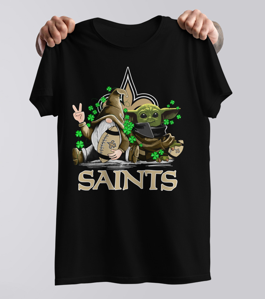 Leprechauns Gnomes Baby Yoda New Orleans Saints Football Shamrocks T-Shirt