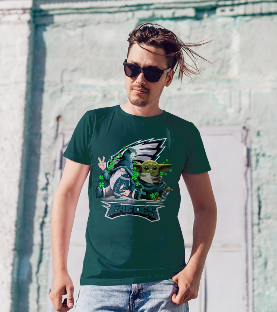 Philadelphia Eagles Leprechauns Gnomes Baby Yoda Hug Football T-Shirt