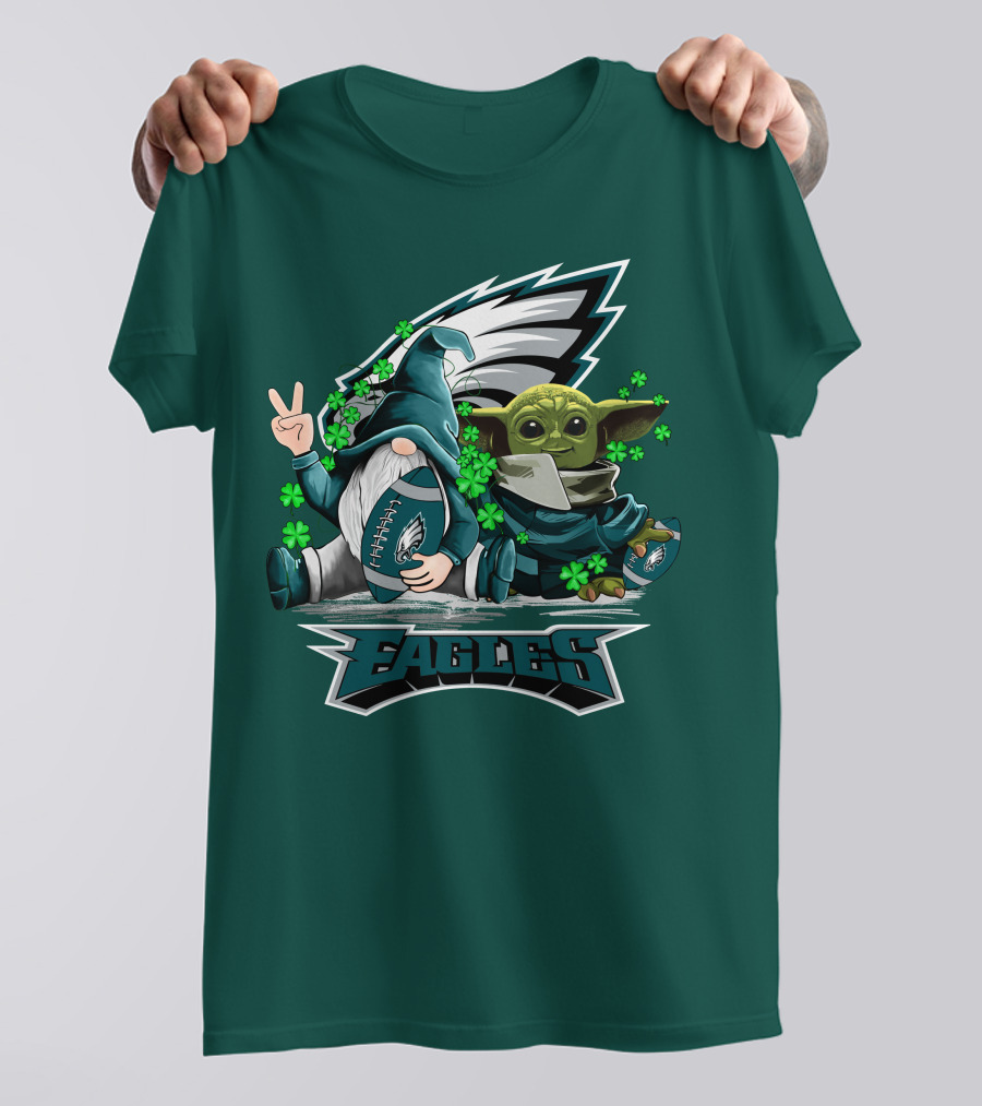 Philadelphia Eagles Leprechauns Gnomes Baby Yoda Hug Football T-Shirt