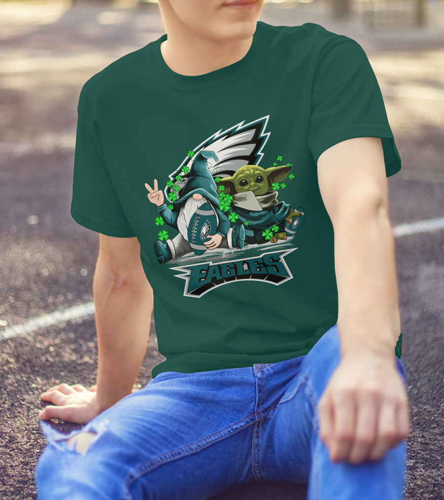 Philadelphia Eagles Leprechauns Gnomes Baby Yoda Hug Football T-Shirt