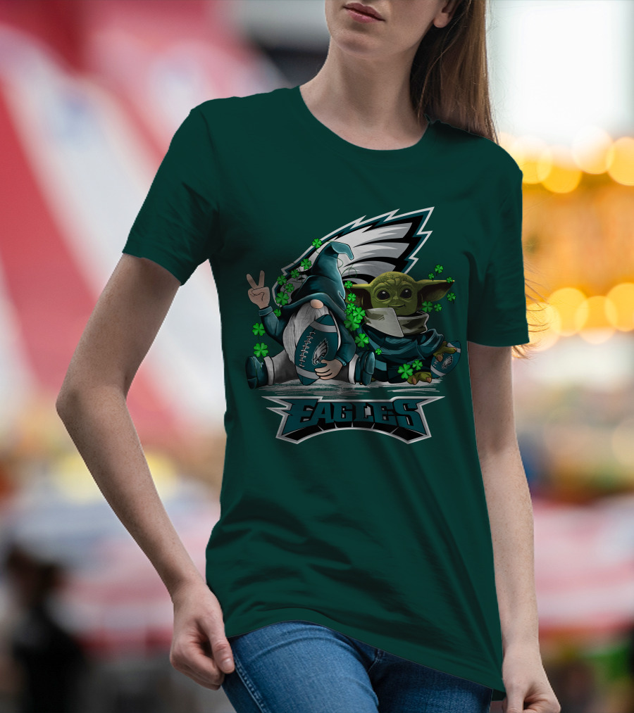 Philadelphia Eagles Leprechauns Gnomes Baby Yoda Hug Football T-Shirt