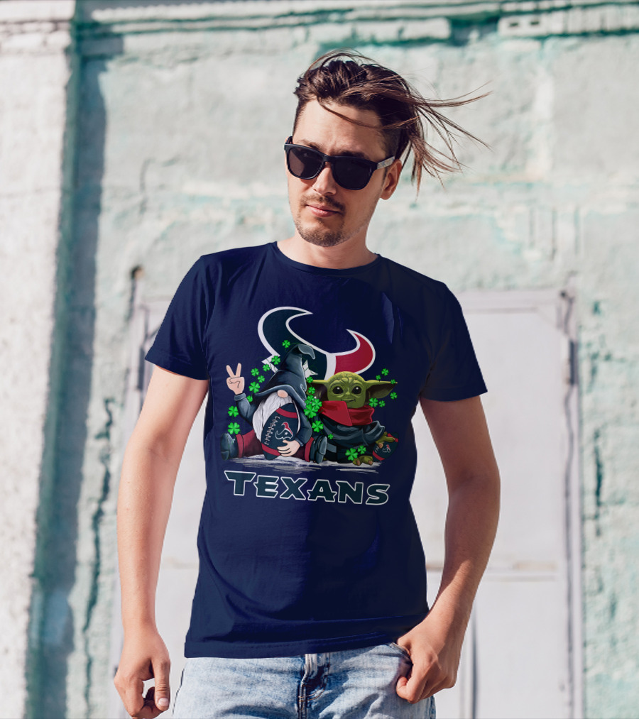 Leprechauns Gnomes Baby Yoda Houston Texans Football Clover T-Shirt