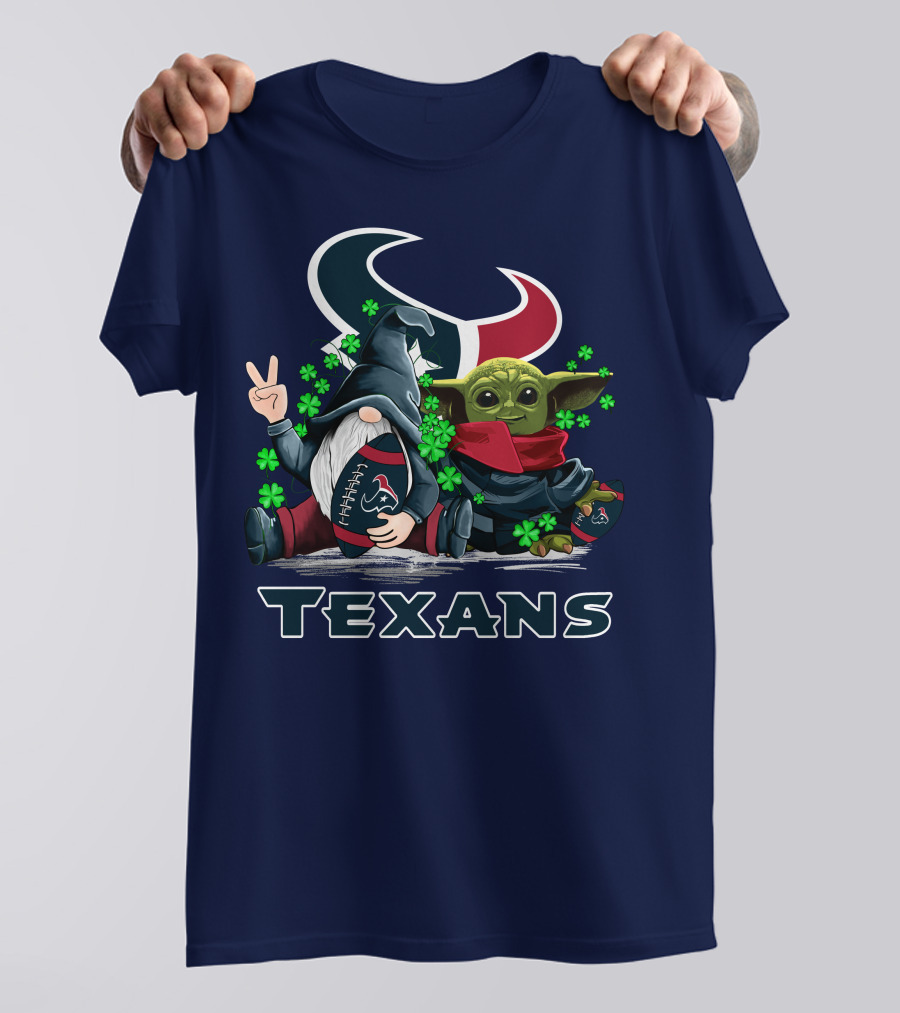 Leprechauns Gnomes Baby Yoda Houston Texans Football Clover T-Shirt