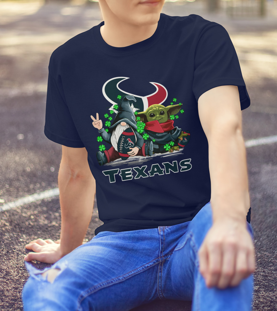 Leprechauns Gnomes Baby Yoda Houston Texans Football Clover T-Shirt