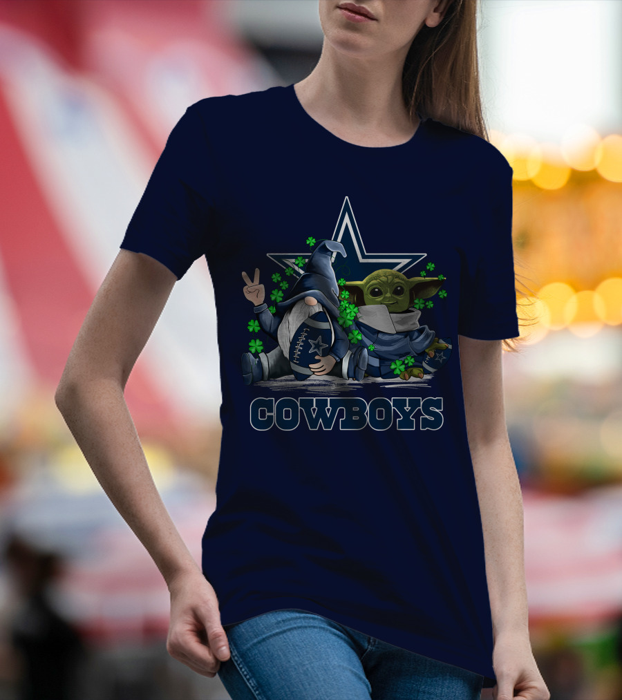 Leprechauns Gnomes Baby Yoda Hug Cowboys Star Clover Football T-Shirt