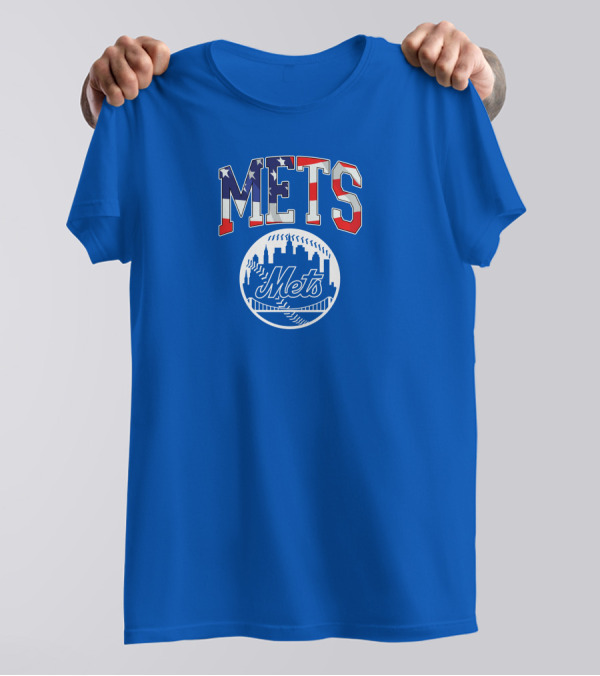 Mets American Flag Skyline Baseball T-Shirt