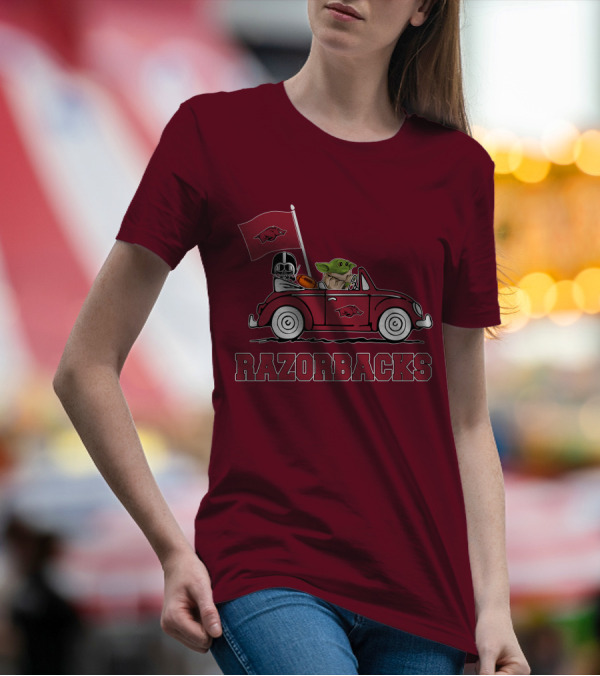 Arkansas Razorbacks Darth Vader Baby Yoda Driving Star Wars Car T-Shirt