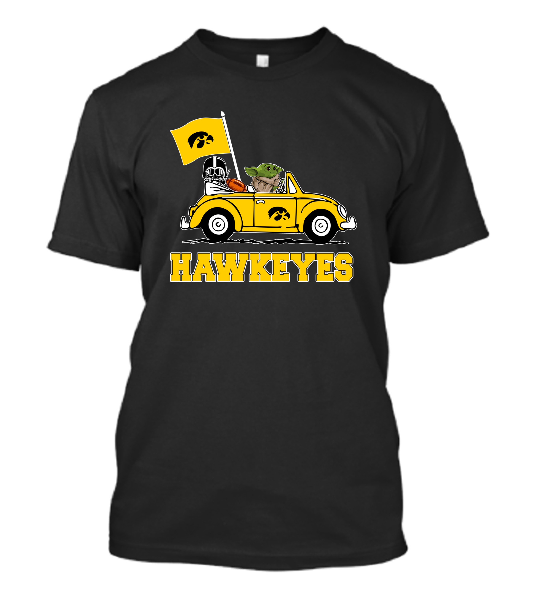 Iowa Hawkeyes Darth Vader Baby Yoda Driving Yellow Car Star Wars T-Shirt