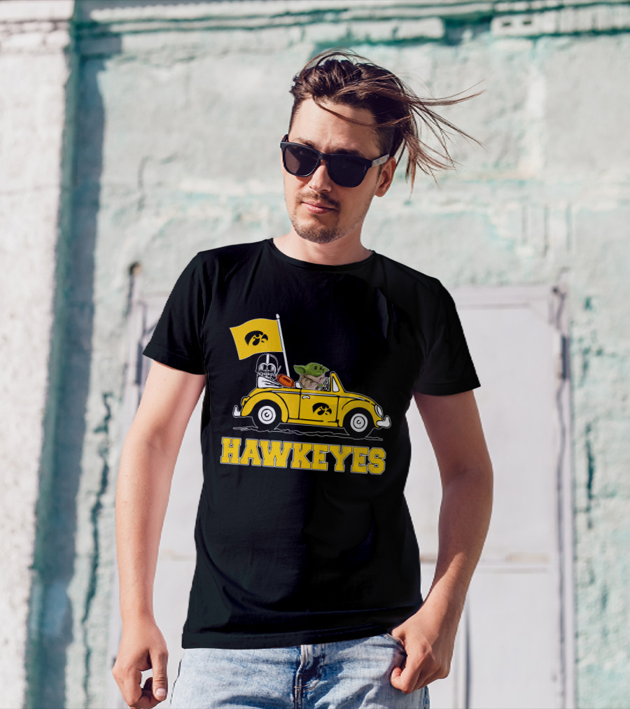 Iowa Hawkeyes Darth Vader Baby Yoda Driving Yellow Car Star Wars T-Shirt